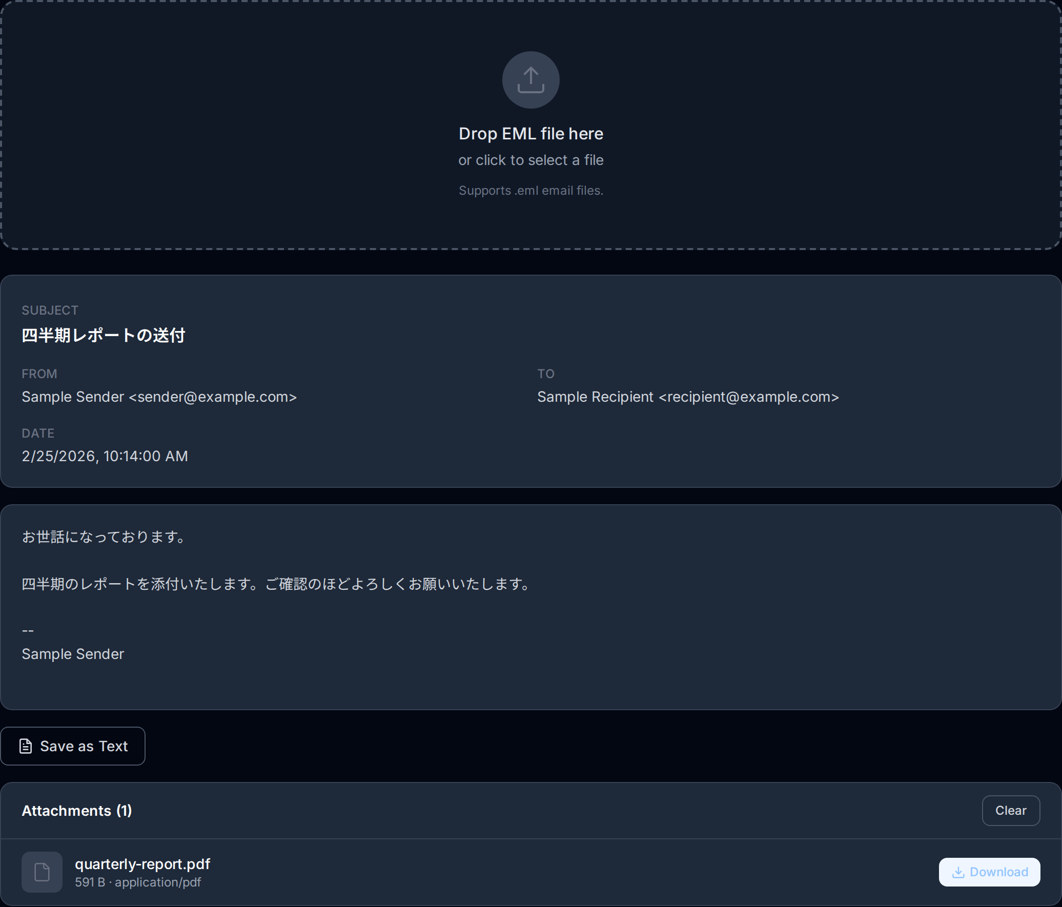 Screenshot of the OpenedFile EML viewer showing a parsed email with its headers, message body and a downloadable PDF attachment.