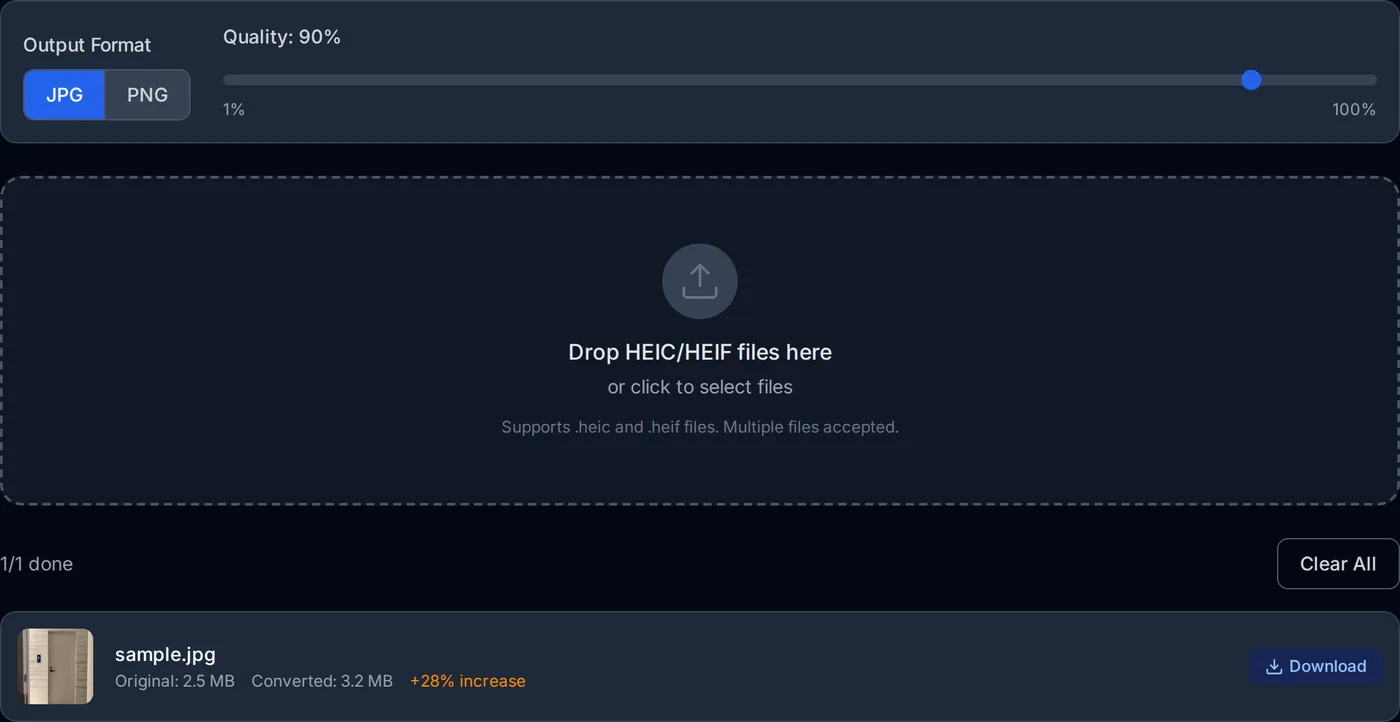 The HEIC converter after converting a photo taken on an iPhone: the file name and a thumbnail, the original and converted sizes, and a download button.