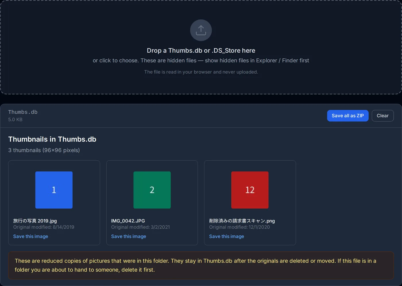 The Thumbs.db viewer after a file is dropped: the cached thumbnails are shown, each with the original file name and date.