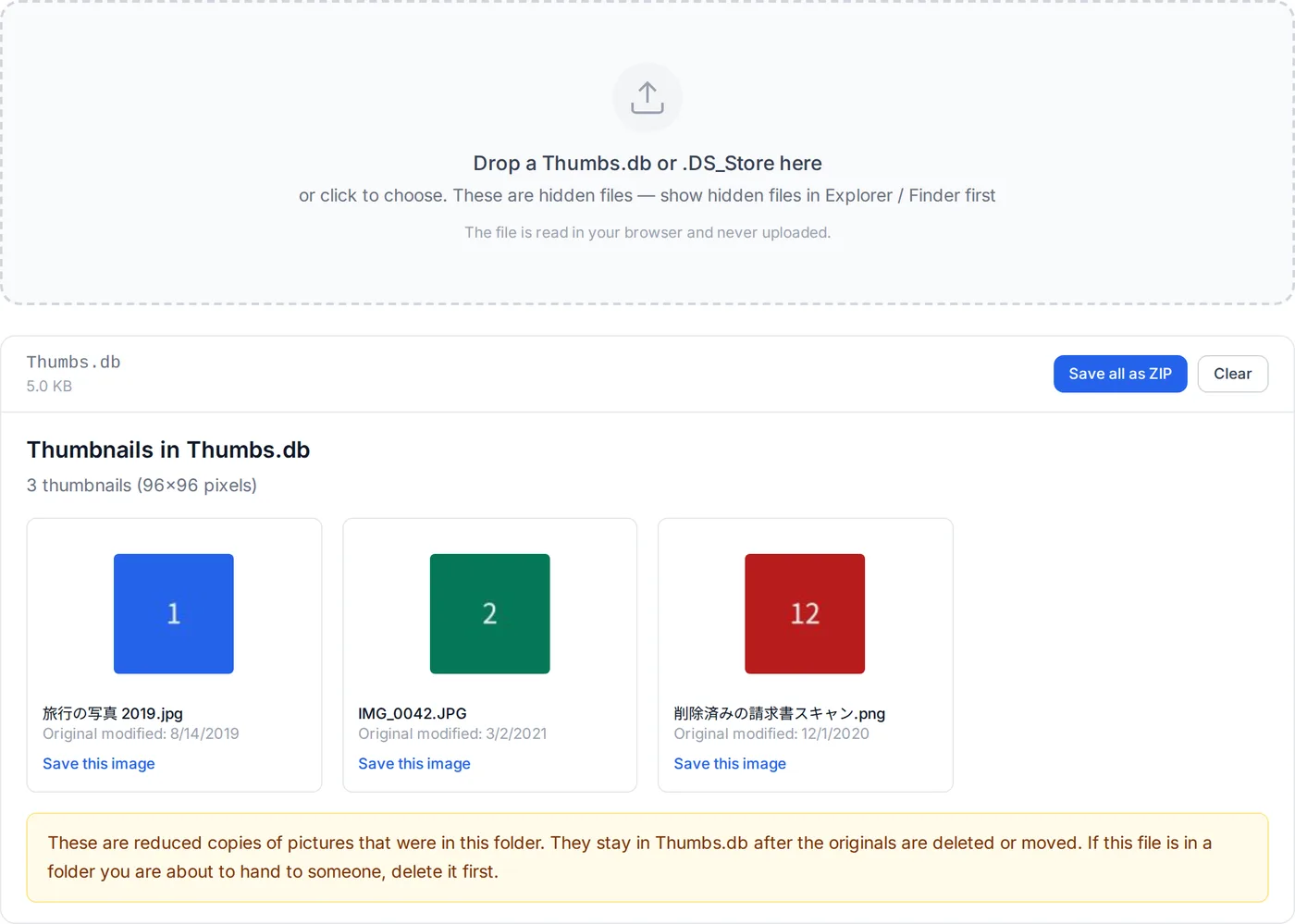The Thumbs.db viewer after a file is dropped: the cached thumbnails are shown, each with the original file name and date.