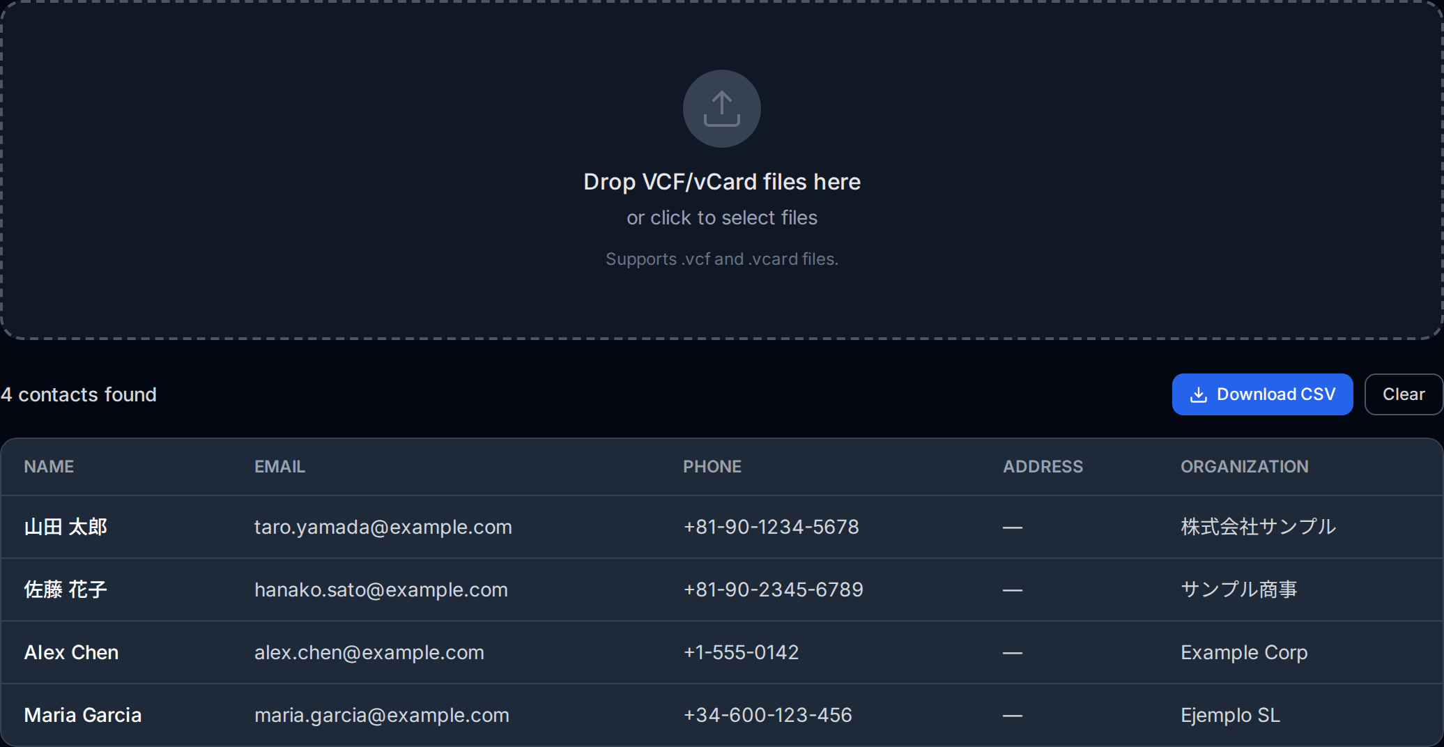 Screenshot of the OpenedFile VCF to CSV converter showing a parsed contact list with names, email addresses, phone numbers and organizations ready to export.
