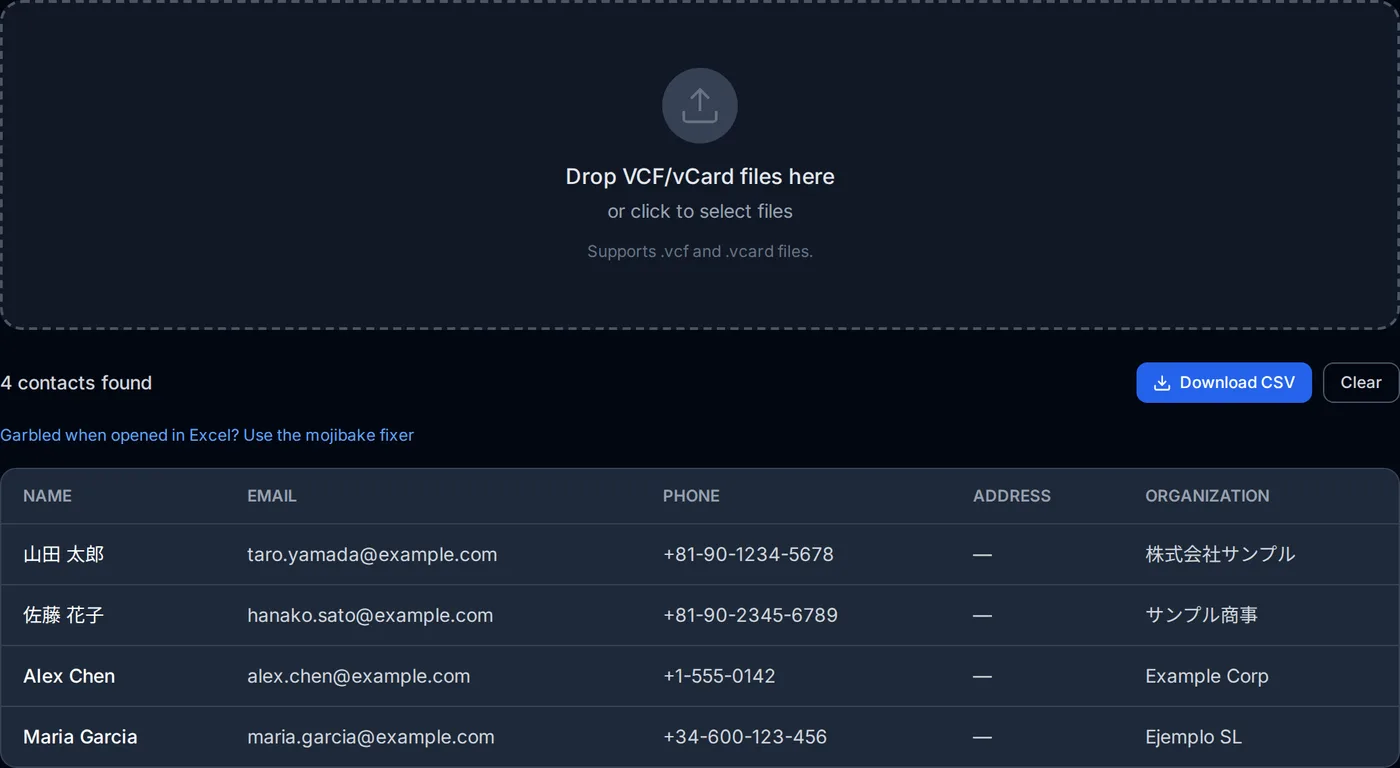 The VCF to CSV converter after a file is dropped: the contacts appear as a table with name, phone number and email columns.