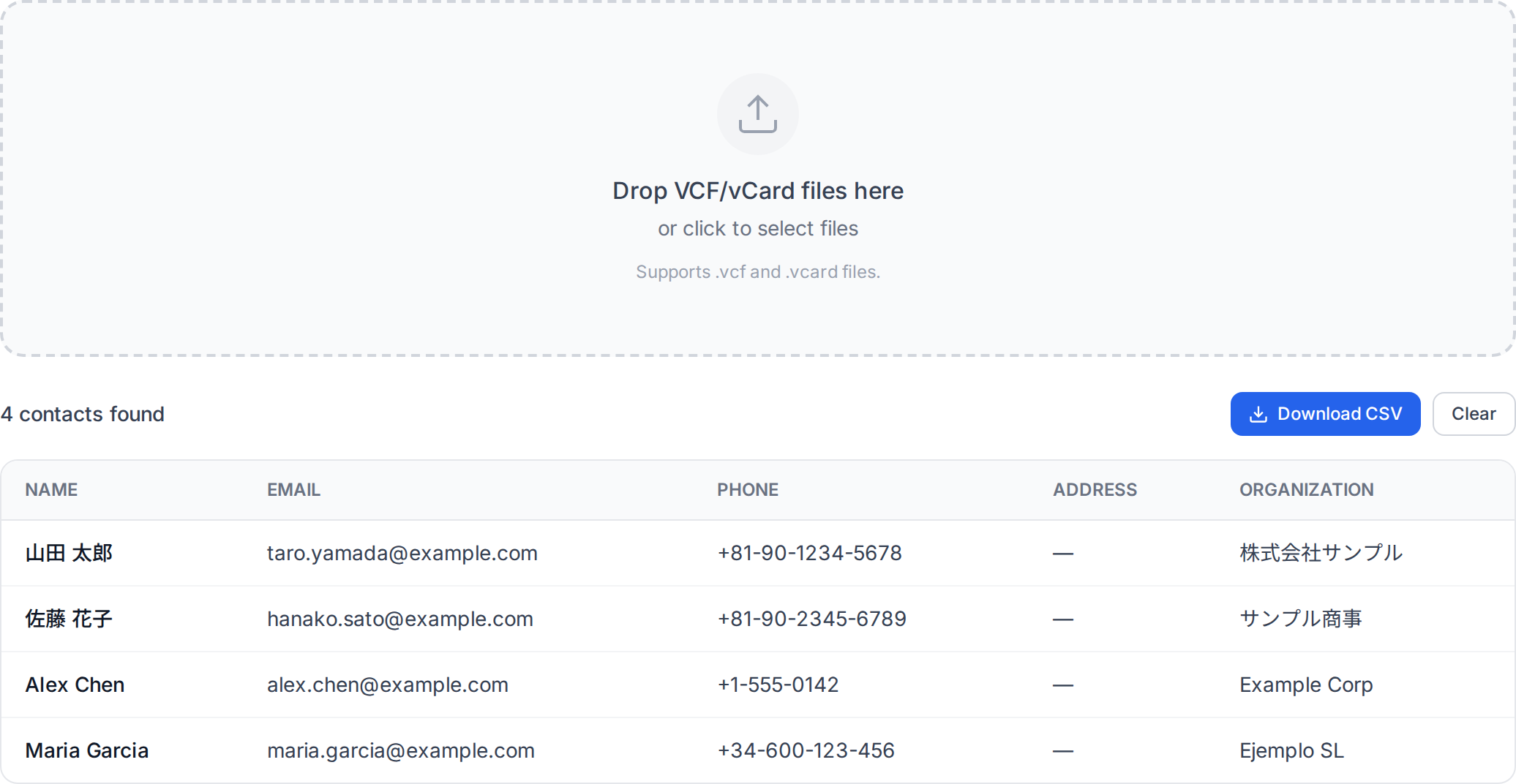 Screenshot of the OpenedFile VCF to CSV converter showing a parsed contact list with names, email addresses, phone numbers and organizations ready to export.