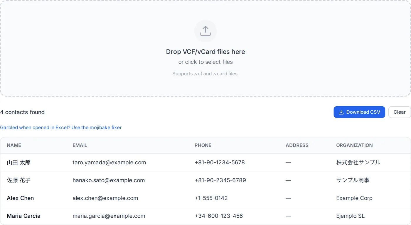 The VCF to CSV converter after a file is dropped: the contacts appear as a table with name, phone number and email columns.
