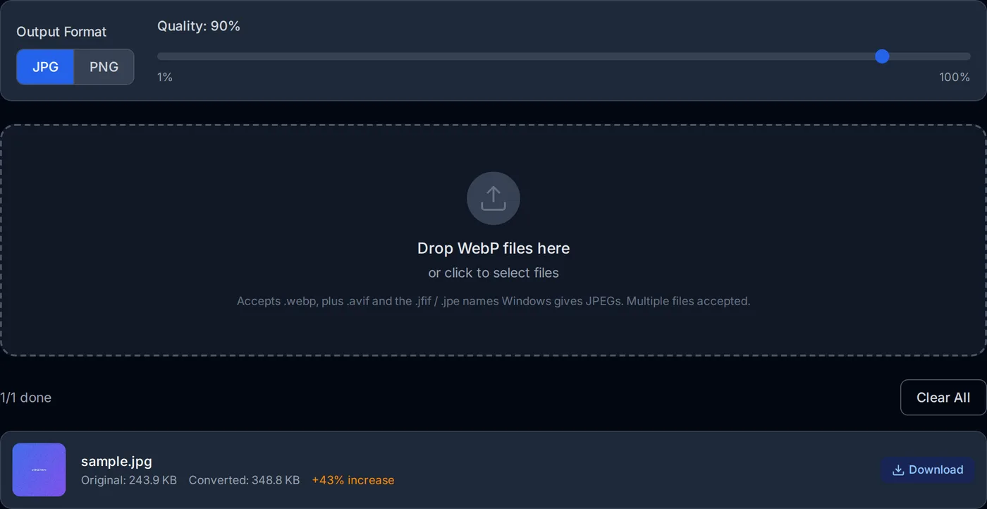The WebP converter after a file is dropped: the original file name and size, the converted size, and a download button.