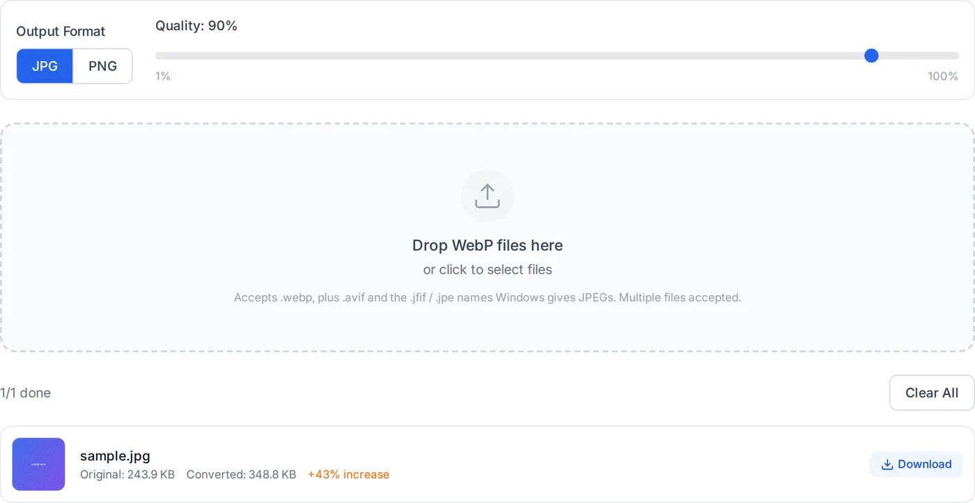 The WebP converter after a file is dropped: the original file name and size, the converted size, and a download button.