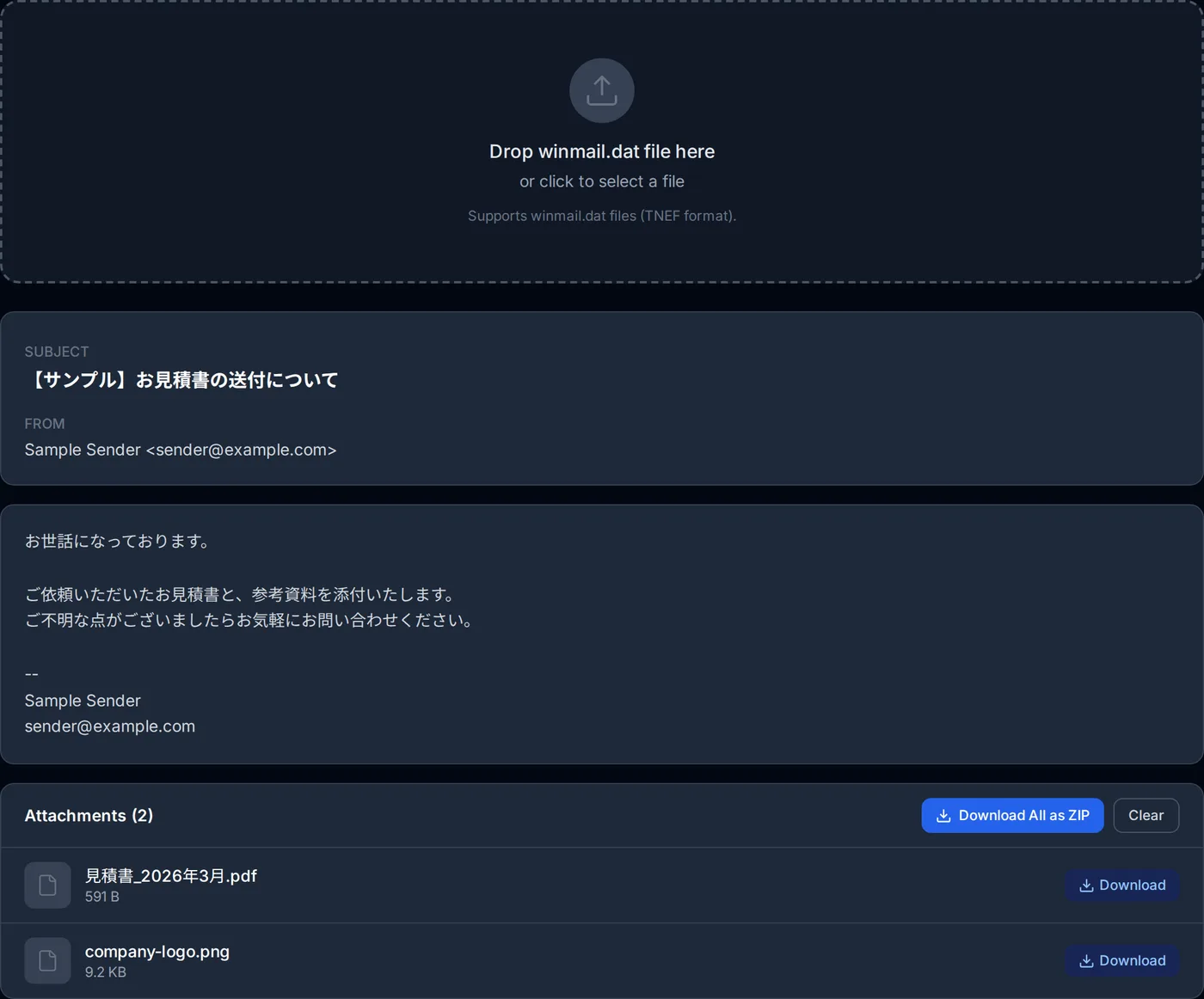 The winmail.dat viewer showing the subject, sender, body and two extracted attachments with download buttons.