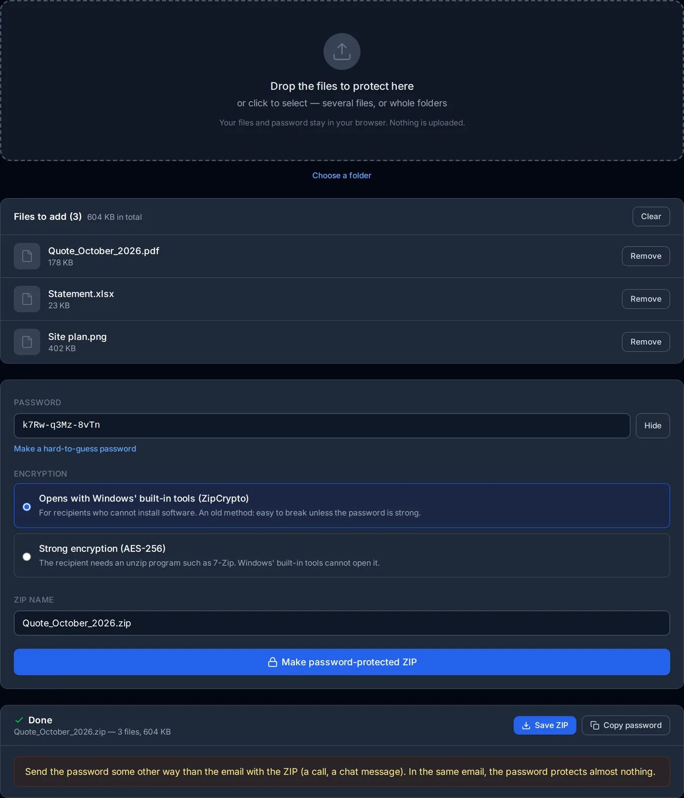 The ZIP password tool after making a password-protected ZIP from three files