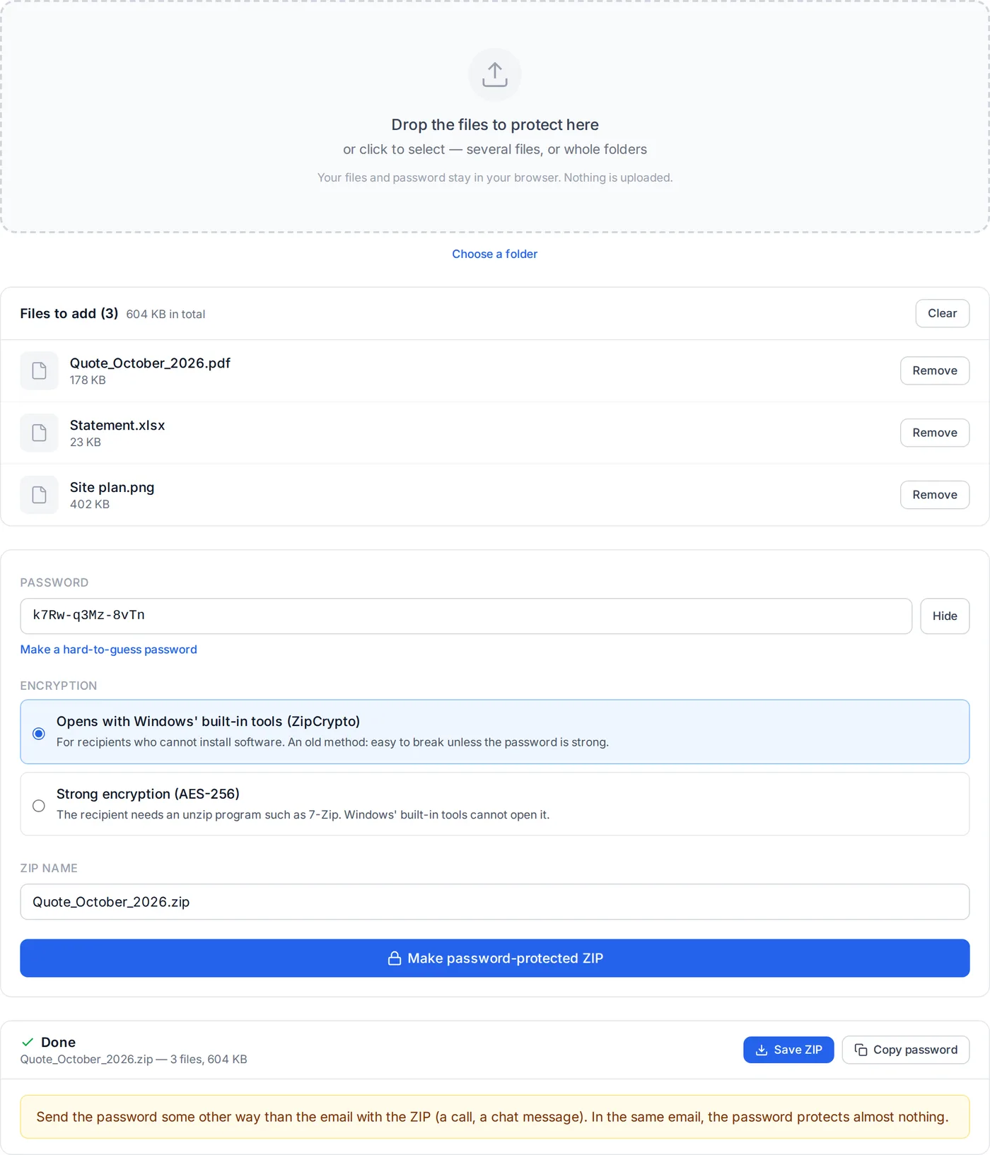 The ZIP password tool after making a password-protected ZIP from three files